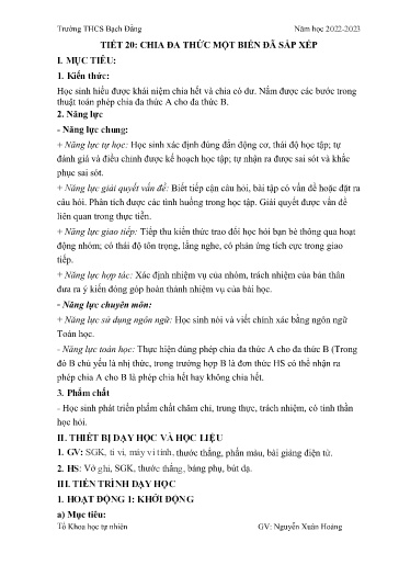 Kế hoạch bài dạy Toán 8 - Tiết 20: Chia đa thức một biến đã sắp xếp - Năm học 2022-2023 - Trường THCS Bạch Đằng